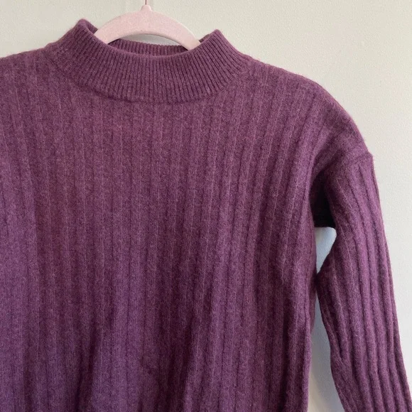 Madewell Wool Blend Mock Neck Cropped Sweater Plum Purple Ribbed - Picture 6 of 11